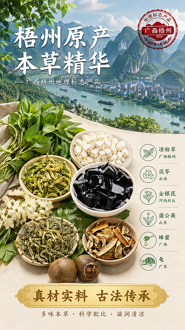 [第2张] 详情页成分产地展示-双钱牌梧州龟苓膏本草原料与产地叙事。本张为成分专张，使用【图3】配料信息作为文字参考，不直接垫产品主图。
[氛围/风格] 自然草本风，清新原生态，产地真实感，商业摄影质感。
[元素布局] 画面上半部分为广西梧州山水风光实景（喀斯特地貌、西江流域），占画面约45%；下半部分为原料平铺俯拍，占画面约40%：新鲜凉粉草、茯苓块、金银花、蒲公英、槐花、陈皮、罗汉果等本草原料整齐排列，中间放置一小碗黑亮龟苓膏；原料颗粒大且清晰，单种原料占比≥10%，主视觉原料合计≥50%画面；右上角有一枚红色地理标志印章图形。
[光影质感] 自然顶光+侧光，原料纹理清晰，山水场景有薄雾氛围感，整体明亮自然。
[配色色系] 全局底色 #F5F1E8 米杏色；主色草本绿 #2E7D32 + 土褐色；辅助色金色印章、白色文字。
[视角构图] 上下分屏构图，上半风景下半原料，阅读动线从上到下：产地场景 → 原料展示 → 底部文案。
[文字版式] 上部山水场景叠加白色大标题「梧州原产 本草精华」，副标题「广西梧州地理标志产品」；下部原料区右侧竖排6个原料标签：「凉粉草」「茯苓」「金银花」「蒲公英」「蜂蜜」「龟」，每个标签配小图标；底部金色横条写「真材实料 古法传承」；文字清晰可读。
[比例分辨率] 9:16 竖版比例，4K分辨率，文字清晰可辨，高清画质。
[负向提示词] 人物出现，包装错乱，水印，文字过小，原料不真实，颜色偏差，背景杂乱。