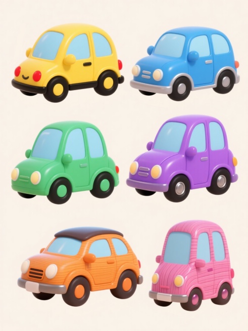 6个不同配色、不同样式、不同材质的卡通风格汽车造型，保持黄色主车的圆润线条、黑色细轮廓、简化车窗和车轮设计，每个车拥有独特鲜艳色彩（如红色、蓝色、绿色、紫色、橙色、粉色）、差异化车身细节（如不同车灯形状、车门线条、车顶样式）和材质质感（如金属光泽、哑光漆面、磨砂质感、光滑塑料感、珠光效果、卡通木纹），排列成上下两行各三辆对齐布局，背景为纯净浅色，整体保持简洁明快的儿童插画风格，色彩鲜明和谐，无……预览效果