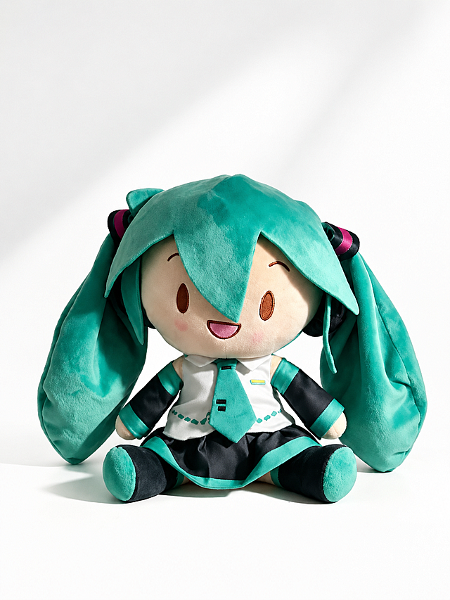 生成初音未来毛绒玩偶的电商主图，干净简约背景，突出产品质感