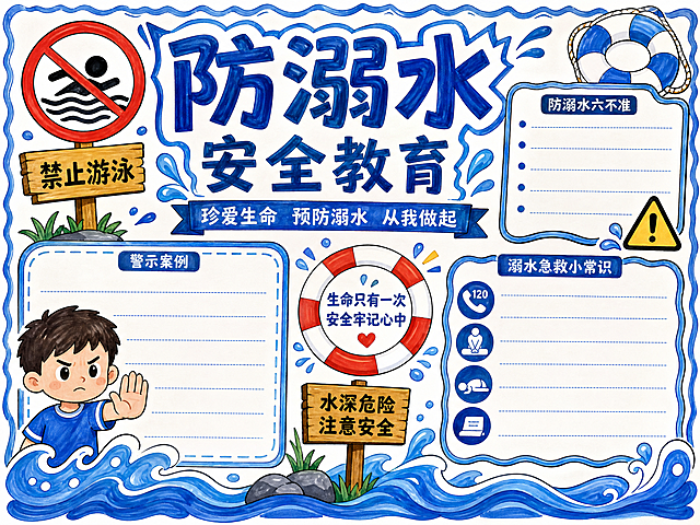 防溺水安全教育手抄报，马克笔手绘风格，A4横版排版，包含禁止游泳标识、救生圈元素，蓝白醒目配色，预留文字抄写区域，宣传安全主题