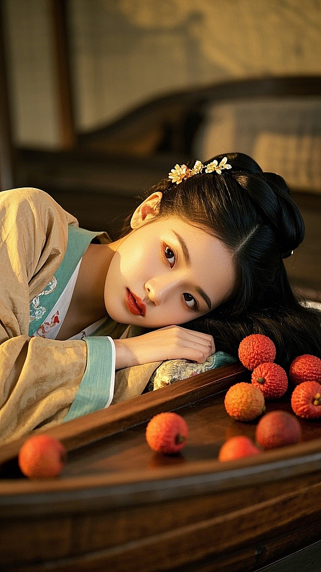 穿着唐服的女孩躺在船里，旁边放了一些荔枝