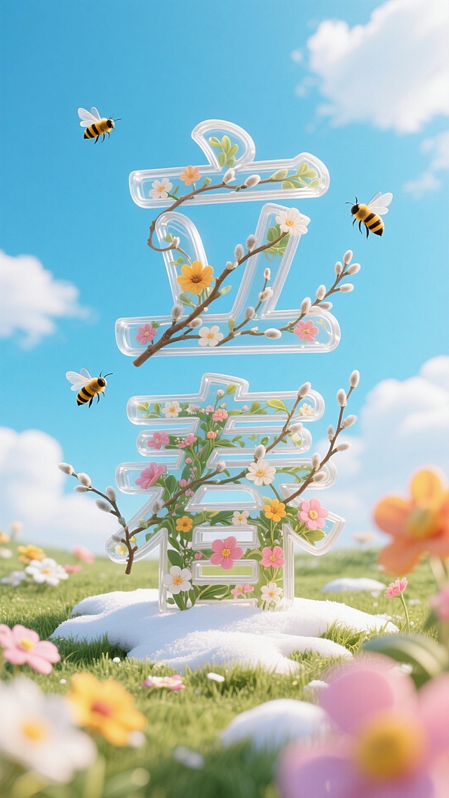 软3D风设计，透明字体嵌入花朵，梦幻清新，虚拟自然场景，初春甜美氛围。