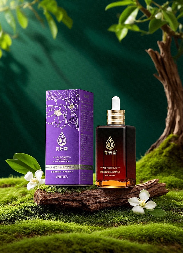 国潮风与重拟物风融合，鎏金瓶盖搭配紫金包装，置于青苔绿植间，清新优雅，唯美感十足，实景感强，传递自然与东方美学的和谐之美。