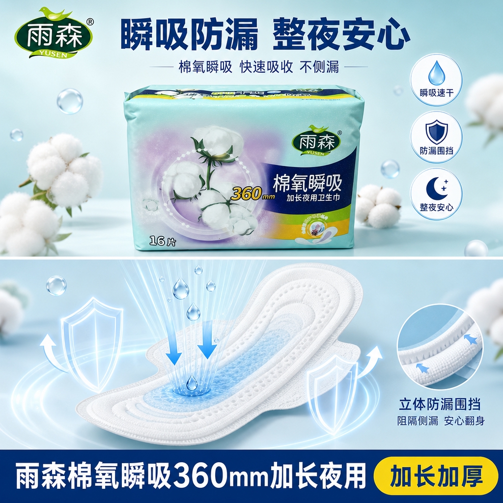 [主图-4 瞬吸防漏卖点图] 雨森棉氧瞬吸360mm加长夜用卫… - 图片创意预览