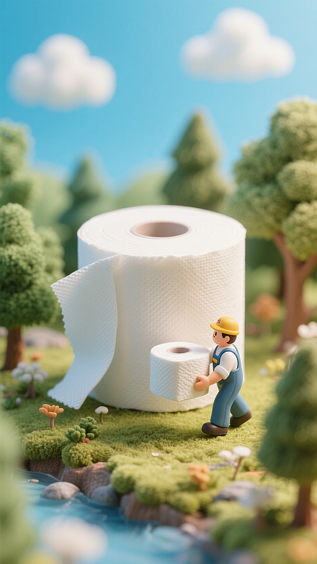 巨大的纸巾作为视觉中心，有搬运一张纸巾的工人，在森林里，蓝天白云