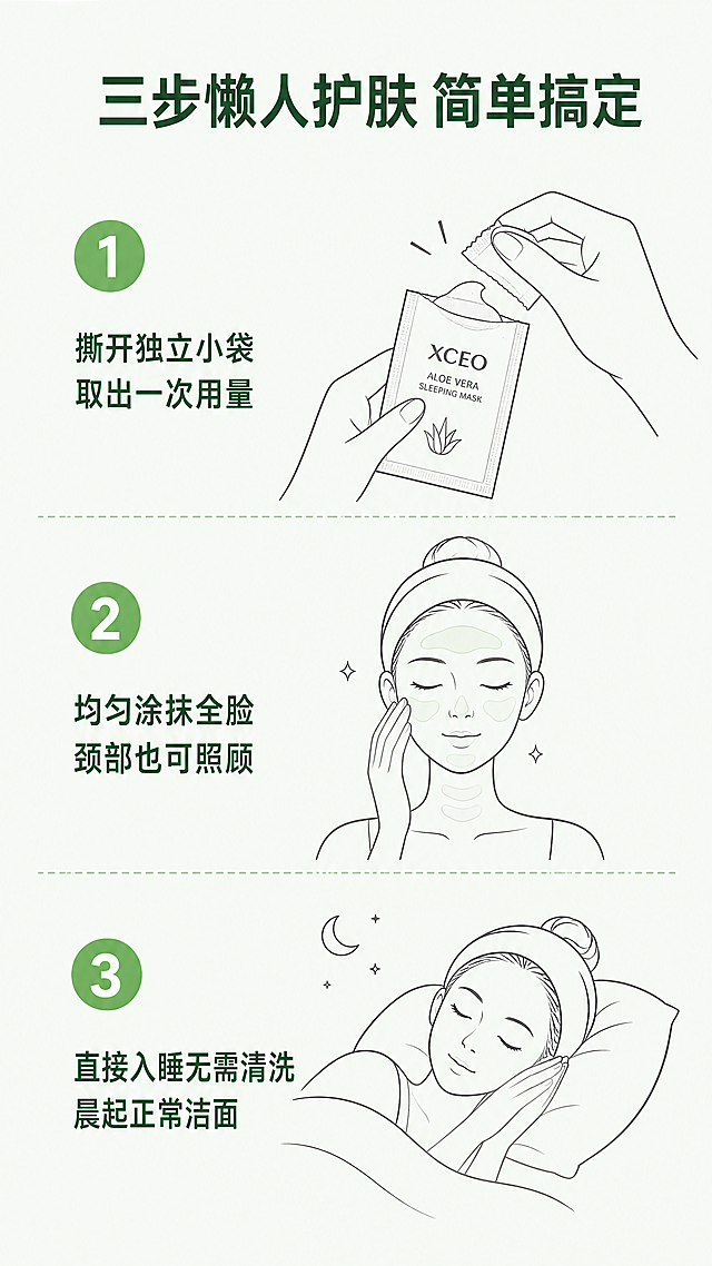 「图片1」这是XCEO品牌的芦荟舒缓感活水润养护睡眠面膜：
- 核心功效：7天抗皱紧致，可实现淡纹、舒缓赋活、沁润补水、保湿养护
- 规格：3g×100包### 「XCEO 芦荟舒缓感活水润养护睡眠面膜」产品介绍
#### 🧴核心卖点
这款睡眠面膜把「高效抗老+温和养肤」的需求捏得刚刚好：
- 真功效敢承诺：7天就能感受到皮肤紧致感提升，干纹、表情纹肉眼变淡，抗皱效果实打实，不用等空瓶才见变化
- 多效一步到位：既有芦荟精华的舒缓力，换季泛红、晒后发烫敷上能快速安抚；又有活水沁润配方，一整晚把水分补进皮肤底层，第二天起来脸还是润而不油的软嫩状态，保湿力能扛住空调房、干冷天的考验
- 懒人心头好：不用洗、不用复杂护肤步骤，晚上涂完直接睡，省掉瓶瓶罐罐的繁琐，熬夜后用也能避免脸垮暗沉

#### 📦规格参数
3g×100包，独立小袋包装：
单袋刚好是一次的用量，不用纠结挖多少，出门带个两三袋也不占地方，完全没有罐装面膜反复开盖滋生细菌的问题。100袋的大容量，算下来每次护肤才几毛钱，日常用、敷脖子、当急救面膜都不心疼，性价比拉满。

#### 💡适用场景
不管是懒人想简化夜间护肤流程、敏感肌找温和不刺激的抗老产品，还是油皮怕闷痘、干皮要长效保湿，甚至经常出差住酒店不想带大瓶护肤品，这款睡眠面膜都能完美适配。### XCEO 芦荟舒缓感活水润养护睡眠面膜
「懒人抗皱修护宝藏 敷出嘭弹紧嫩少女肌」

#### 🎯 核心功效：7天见证肤感跃级
✅ **7天抗皱紧致**：高活性芦荟精粹复配多肽抗老成分，精准渗透肌底，淡化干纹、细纹、法令纹，撑起垮塌胶原，越敷皮肤越紧弹
✅ **舒缓赋活**：晒后泛红、换季敏痒、熬夜泛红救星，上脸即时褪红舒缓，强韧肌肤屏障，把躁动的“烂脸感”摁回去
✅ **沁润补水**：活水因子秒渗透，不是停留在表面的假滑，是从肌底透出来的润，干皮敷完第二天脸都软fufu的
✅ **保湿养护**：缓释锁水科技加持，长效续航保湿力，整晚滋养不反干，养出健康耐打的好肤质

#### 📦 产品规格：3g×100包
一次用1包刚好涂全脸+脖子，不用纠结用量，干净卫生不浪费。100包的大容量，性价比拉满，日常护肤、出差旅行都能带，敷一整个季度都够用，睡前涂完不用洗，躺着就能变美~### XCEO芦荟舒缓感活水润养护睡眠面膜
「懒人抗皱救星 一觉睡出紧弹嫩」

#### ✨核心功效
✅ **7天见证紧嫩淡纹**：添加高活性芦荟精粹+专研抗皱组分，连续使用7天即可感知纹路淡化、轮廓紧致，干纹、表情纹、初老松弛都能对症下药
✅  多维舒缓赋活：快速安抚泛红、干痒、刺痛等受损状态，强韧肌底屏障，换季、晒后、熬夜后的脆弱肌也能快速回稳
✅  沁润补水+长效锁养：三重保湿因子层层渗润肌底，上脸不粘不闷，一整夜持续输送养分，起床脸不垮不暗，润到发亮

#### 🎁产品规格
3g×100包，一次一袋刚好全脸+颈部用量，独立包装干净卫生，出差、旅行揣几包超方便，100包大容量够囤足小半年的量，性价比拉满

💡使用小贴士：晚上护肤最后一步涂完直接睡，不用洗！懒人、护肤嫌麻烦的姐妹闭眼冲，熬夜党睡前敷一袋，第二天也能hold住透亮紧弹好状态~### XCEO芦荟舒缓感活水润养护睡眠面膜
✨ **核心功效**：精准狙击初老松垮问题，7天见证抗皱紧致效果。复配高活性芦荟精华，上脸即舒缓泛红敏弱，同时深润肌底补充水分，长效锁湿养护，兼顾淡褪干纹细纹、赋活肌肤好气色，熬夜后用也能救回透亮软嫩肌。

📏 **产品规格**：3g×100包，独立次抛设计干净卫生，一次一袋刚好涂全脸，不用纠结用量，100包大容量囤一次够用小半年，居家、出差带都方便。

💡 懒人护肤首选：免洗配方晚上涂完直接睡，不用额外叠涂护肤品，精简护肤也能hold住水润紧致状态~# XCEO芦荟舒缓感活水润养护睡眠面膜
「熬夜垮脸救星 7天焕现紧弹嫩」

## 核心功效
✅ **7天抗皱紧致**：精准阻击干纹、细纹、表情纹，持续使用肌肤紧致力肉眼可见，松弛垮脸重回上扬状态
✅ **舒缓赋活**：高活性芦荟精粹直击泛红、刺痛、换季敏感情绪，快速安抚躁动肌底，强韧肌肤屏障
✅ **沁润补水**：活水感配方瞬透肌底，一抹化水不闷肤，顷刻缓解干燥起皮，肌肤喝饱水透出嘭嘭柔光
✅ **保湿养护**：长效锁水膜力加持，夜间持续滋养不流失，醒肤即触软嫩弹润，整日水润不紧绷

## 产品规格
3g×100包 独立便携装
一次一袋精准定量，不用挖取干净卫生；出差、旅行揣包里也不占空间，随时随地给肌肤做奢养SPA

## 使用Tips
洁面后取一袋均匀涂抹全脸，无需清洗直接入睡，懒人也能轻松养出好皮肤~### 🔥XCEO芦荟睡眠面膜·懒人护肤黑科技来咯🔥
💡熬大夜脸垮、干到卡粉、换季泛红？这罐小面膜直接把你的护肤痛点全拿捏！

✅ **核心成分超能打**：高活性芦荟精华，天然植萃力够温和，敏皮姐妹也能放心冲
✅ **功效直接拉满**：7天肉眼可见淡细纹！舒缓泛红、嘭嘭补水、长效保湿、抗皱紧致一步到位，敷完脸软fufu像剥了壳的鸡蛋
✅ **超省心设计**：独立小包装，3g一次一袋刚好涂全脸，不用洗直接睡，懒人、出差党太爱了！
✅ **巨无霸量贩装**：整整100包！算下来几毛钱一次，性价比直接封神，天天敷都不心疼

熬夜急救、日常维稳都好用，不到一杯奶茶钱 get 水润透亮好皮肤，这波闭眼入都不亏✨