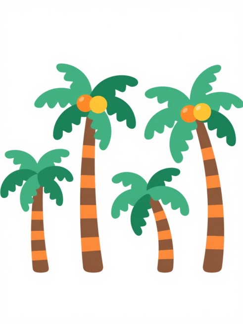 4棵造型完全不同的卡通风格椰子树，保持白色背景，每棵树都有圆润的绿色扇形叶片，叶片边缘有简洁的锯齿状剪裁，树干为棕色并带有横向橙色条纹，顶部有两个相连的橙黄色椰子果实，4棵椰子树整齐排列，间距均匀，整体呈现出扁平化、简洁明快的视觉效果，色彩鲜明且和谐统一。预览效果