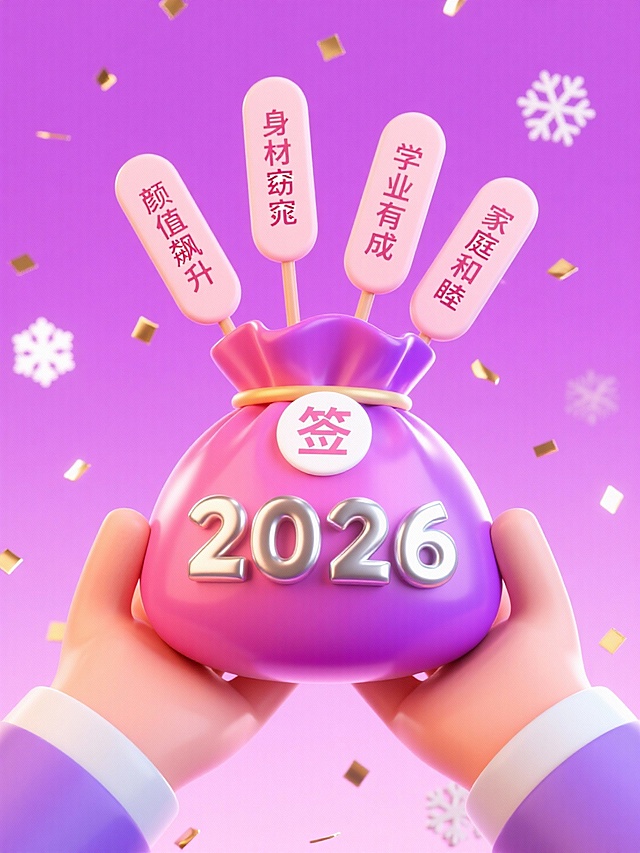 软3D风格的梦幻签筒，粉色渐变搭配卡通手部，融合喜庆元素与膨胀质感，传递2026新年祝福，充满节日氛围。