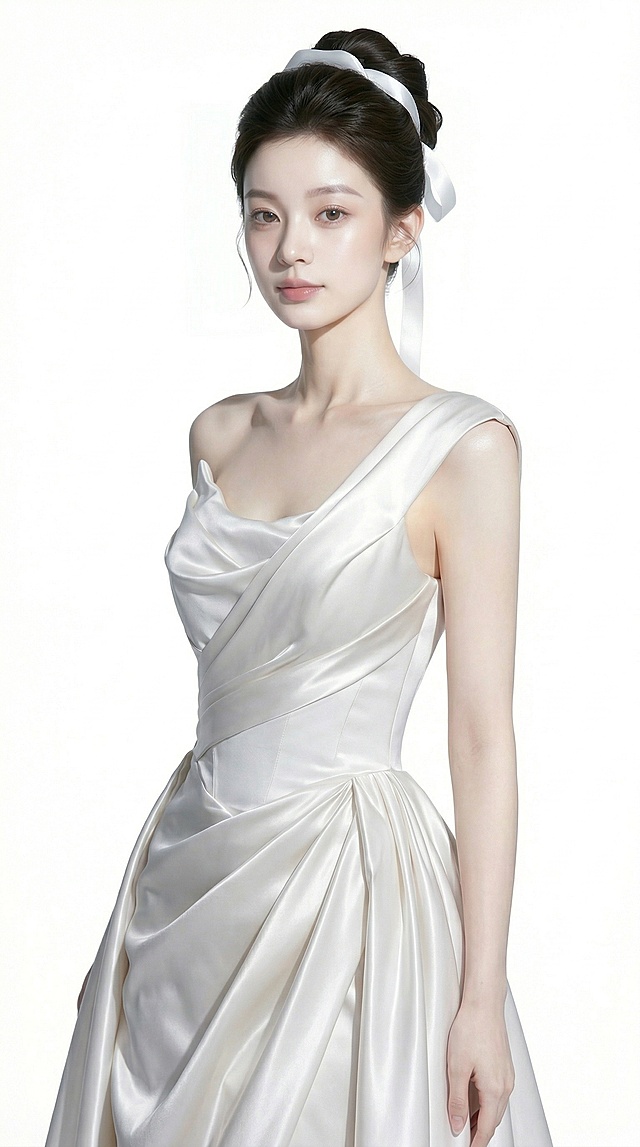 参考图中模特，生成8K超高清，写实商业人像摄影，25岁东亚美女，清冷温柔气质，鹅蛋脸精致五官，清透伪素颜，高盘发配白色缎面发带，白色单肩缎面婚纱，收腰大裙摆垂坠感强，45°柔和侧光+轮廓光勾勒发丝肩颈，皮肤通透有光泽，85mm f/1.4大光圈镜头，纯白色背景，半身构图，韩式婚纱法式优雅，杂志封面风，极致细节商业精修无瑕疵