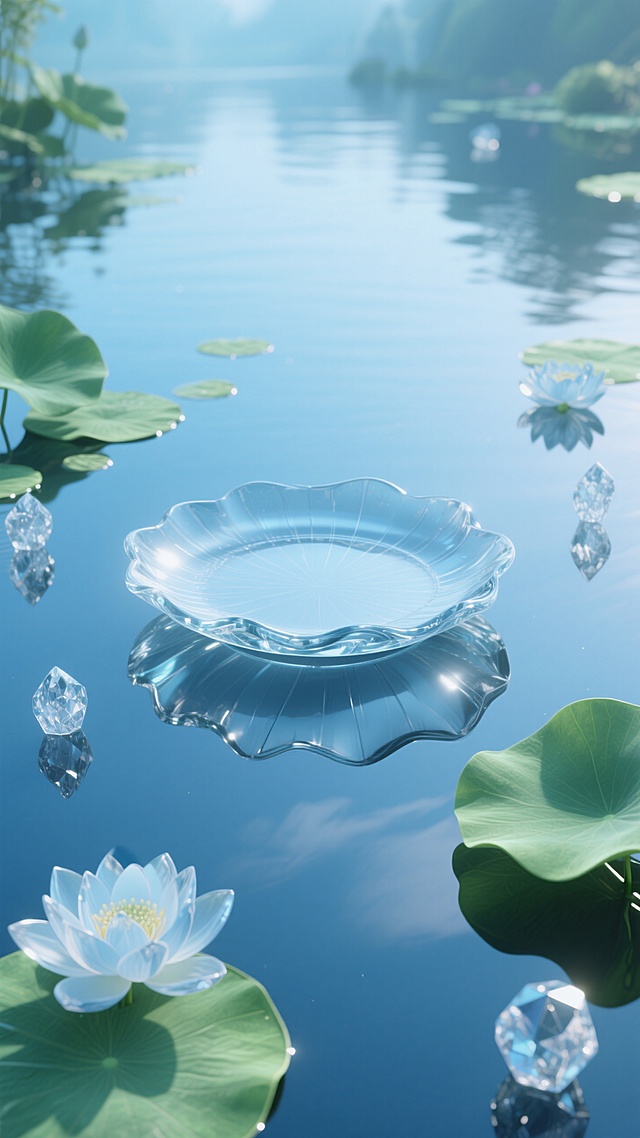 梦幻3D玻璃风荷叶，清新虚拟自然场景，晶莹剔透，夏日清凉。