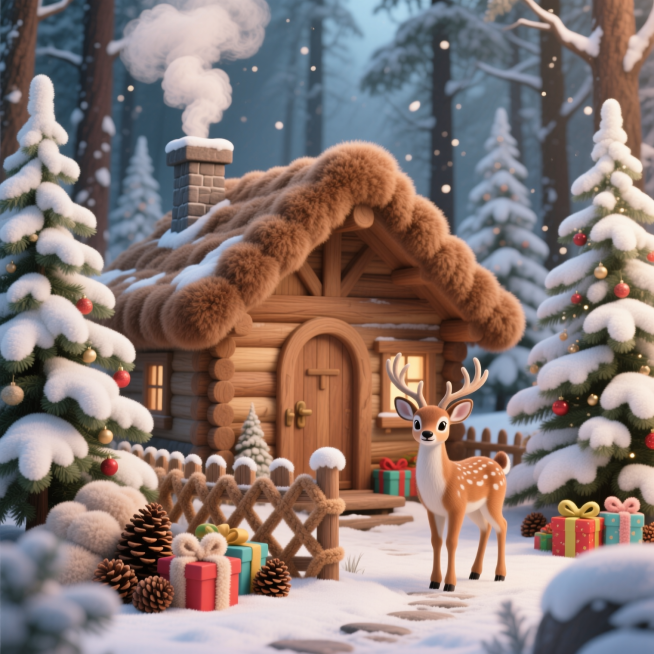 冬日森林深处，一座温馨的小木屋静静矗立，屋顶和墙壁覆盖着柔软的棕色熊毛绒，质感蓬松温暖，烟囱里飘出几个毛绒质感的烟圈，轻盈地在空中散开。木屋门口，用毛绒编织而成的木栅栏围出一个小院子，栅栏的编织纹理清预览效果