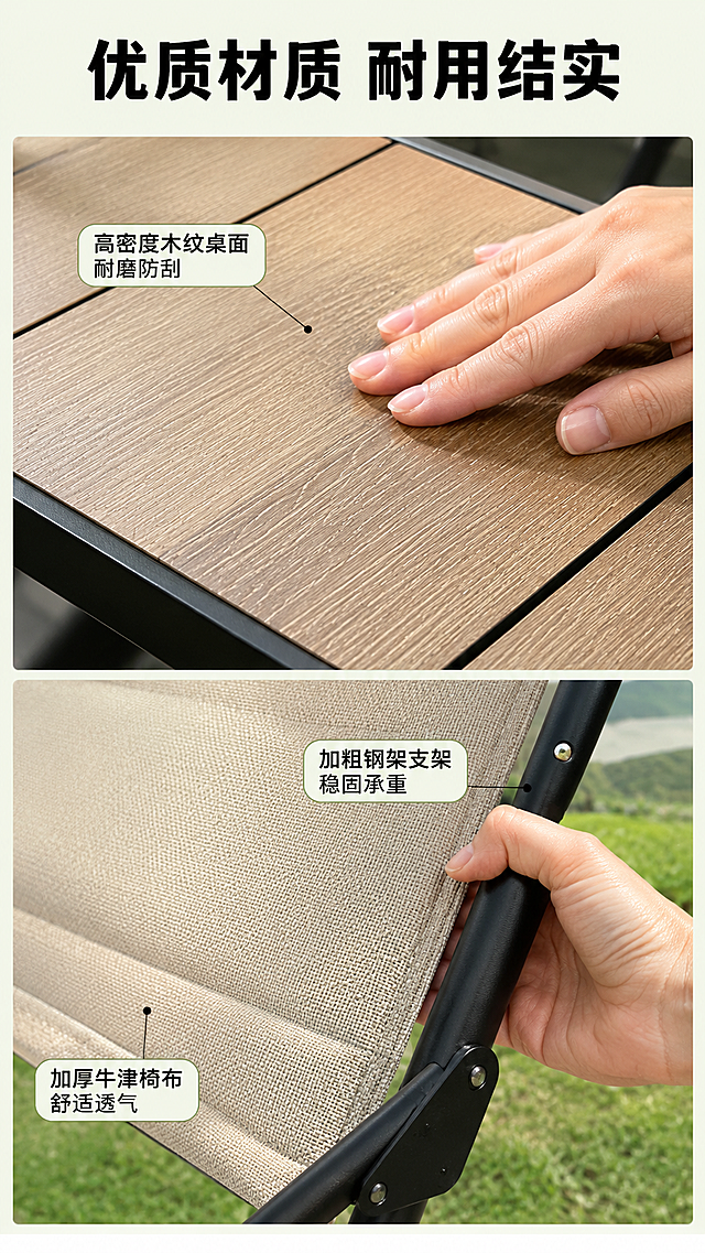 [第6屏] 细节体验-桌椅配件材质展示。
[氛围/风格] 微距细节展示，清晰写实，专业质感，突出材质优势。
[元素布局] 画面分为上下两个区域，上半部分展示蛋卷桌桌面木纹材质微距特写，下半部分展示折叠椅支架和椅面布艺材质微距特写，保持桌椅材质颜色和原图一致。加入手部触摸桌面和扶握椅架的动作，增强真实触感体验。每个细节区用引线标注材质名称。
[光影质感] 柔和侧光突出材质纹理，清晰展现木纹纹理和布艺编织纹路，明暗层次清晰。
[配色色系] 全局底色：#F2F7E9（浅草绿）；整体配色延续第一屏方案，保持统一。
[视角构图] 上下分屏布局，每个细节区域占据一半画面，特写构图突出材质细节。
[文字版式] 顶部主标题"优质材质 耐用结实"黑色粗体。引线标注分别为：高密度木纹桌面 耐磨防刮；加粗钢架支架 稳固承重；加厚牛津椅布 舒适透气。文字清晰，引线简洁。
[比例分辨率] 9:16竖版比例，1080×1920分辨率，文字清晰可辨，超高清。
[负向提示词] 纹理模糊，材质表现不清，文字错位，变形，水印