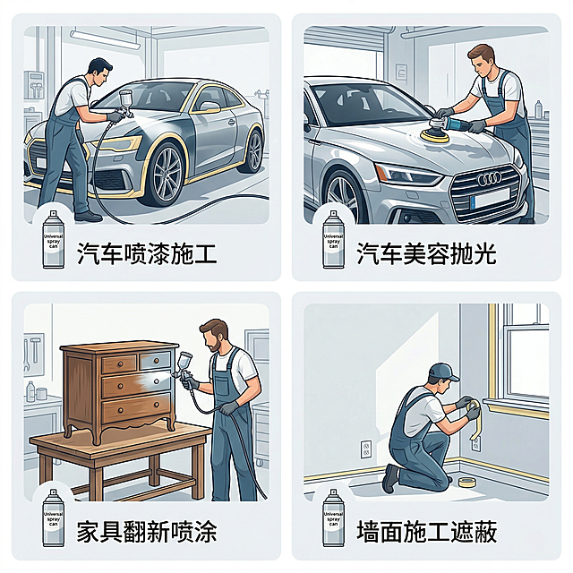 [主图4：多场景适配] 四宫格展示，四个场景分别为：汽车喷漆施工、汽车美容抛光、家具翻新喷涂、墙面施工遮蔽，每个场景放入缩小产品图和对应场景名称标题，整体风格统一简约干净，排版整齐，展示产品多场景适用性，背景为浅灰白色。