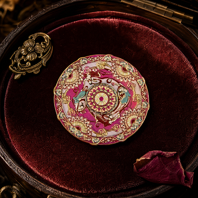 超写实手工艺品摄影。
主体：金属珐琅徽章严格参照上传产品图，完整保留所有可见组件、轮廓、结构、比例、材质、颜色与产品本体上的文字信息，与上传图完全一致；自然融入场景光影，与场景共处同一物理空间。珐琅釉面光泽与金属描边细节清晰可见，手作珐琅填色痕迹占画面≥15%，产品占画面70%，近景微距，产品100%完整不裁切，边缘距画面边缘≥5%，背景无其他同类产品。
构图：正面微俯15°，徽章平放于丝绒垫中心，中心对称构图，视觉三角：徽章主体 + 主承载丝绒垫 + 复古小物点缀。
风格：C 复古怀旧 · 主色玫红金 + 副色酒红与青金。
场景概念：酒红色丝绒圆垫承载徽章平放，复古典藏首饰盒氛围，华贵精致。
承载与背景：①承载面，酒红色丝绒圆垫，哑光绒面质感；②背景，深胡桃木首饰盒内部，柔焦虚化。
陪衬物：①左上角，一枚复古铜质胸针托，暗铜金色；②右下角，一小片干枯玫瑰花瓣，深玫红色；③光影，侧方暖台灯光斑斜落。单件陪衬物≤画面10%，不遮挡徽章核心纹样。
配色 / 材质：玫红 / 酒红 / 青金蓝 / 古铜金 / 深胡桃棕；珐琅釉 / 金属镀金 / 丝绒织物 / 实木 / 干花植物。
光影：主光从右上方45°暖色台灯柔光漫射，照亮徽章右上珐琅面形成暖调高光，金属描边泛金反光；辅光为左侧丝绒面反射补光，中等对比阴影，突出珐琅填色的手作纹理层次。
参数：4K 写实光追。严格锁定宽高比为 1:1。