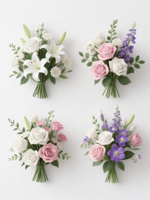 一张现代简约风格的花卉海报，以纯白色为背景，画面中包含四个规整排布的鲜花花簇素材，每个花簇均由不同种类的鲜花组成，整体造型简约现代。花簇中包含白色玫瑰、白色百合、粉色玫瑰、紫色飞燕草等多种花卉，搭配绿色枝叶作为点缀，花卉的色彩搭配和谐自然，光影表现柔和，具有清晰的3D质感和写实的细节刻画，整体构图对称且富有层次感，无任何文字、logo或水印。预览效果