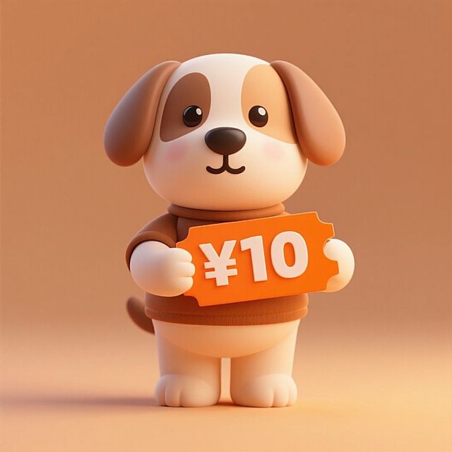 软3D风格的可爱小狗，拟人化设计，手持¥10优惠券，温暖色调营造温馨趣味氛围，适合节日促销场景。
