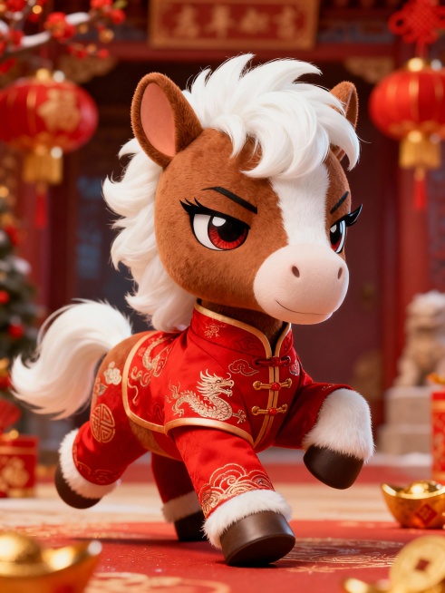 为“马”设计品牌IP形象，以萌宠小马为主体，马以咖色和白色为主，拥有新年新中式红色服装，性格酷拽、略带傲娇感，适合Z世代年轻人喜好预览效果