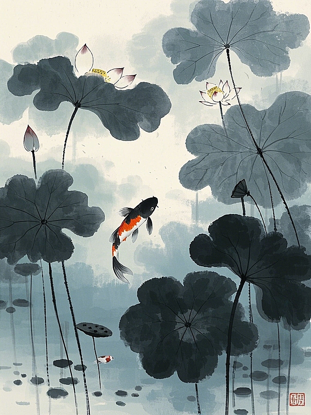水墨风插画，古典荷塘梦幻场景，锦鲤游弋，中式美感尽显。
