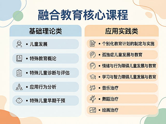 融合教育核心课程，主标题为"融合教育核心课程"，分为"基础理论类"和"应用实践类"两个板块，内容呈两竖列排列。基础理论类：儿童发展、特殊教育概论、特殊儿童诊断与评估、应用行为分析、特殊儿童早期干预；应用实践类：个别化教育计划的制定与实施、孤独症儿童发展与教育、情绪与行为障碍儿童发展与教育、学习与智力障碍儿童发展与教育、音乐治疗、舞蹈治疗、绘画治疗。整体风格为现代简约教育风，温暖干净背景，文字清晰完整排版，4:3比例