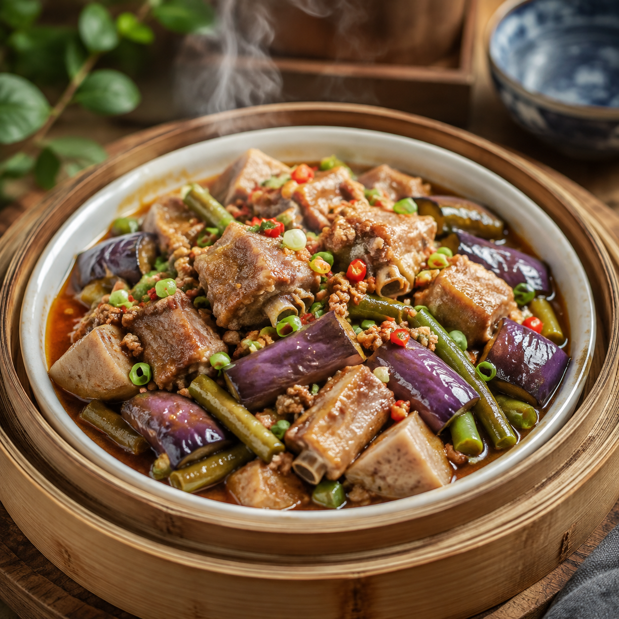 一道家常蒸菜写真，排骨蒸香芋茄子豆角肉沫，精致摆盘，排骨肉质鲜… - 图片创意预览