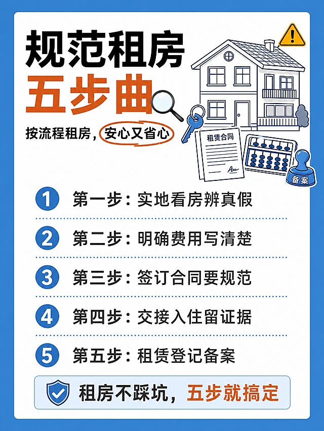参考图1的版式骨架和蓝白配色风格，制作一张「规范租房五步曲」宣传单页海报。保留参考图的整体结构：蓝色外边框 + 白色内底 + 顶部大标题区 + 右上角房屋插画装饰 + 中部正文列表区。将内容替换为租房五步曲主题：

【主标题区】左上角大标题「规范租房五步曲」，其中「五步曲」用橙色突出，配放大镜图标装饰；副标题「按流程租房，安心又省心」，其中「安心又省心」用橙色圈出强调；右上角配简笔画风格的房屋、钥匙、合同、算盘、备案印章等租房相关插画元素，带警示三角标点缀。

【正文区】中部为五步编号列表，每步清晰可读：
「第一步：实地看房辨真假」
「第二步：明确费用写清楚」
「第三步：签订合同要规范」
「第四步：交接入住留证据」
「第五步：租赁登记备案」
每步前加序号圆点标记，文字为深灰色，排版整齐，行距舒适。

【底部】底部加一行提示语「租房不踩坑，五步就搞定」。

整体风格：扁平插画 + 通知公告风，蓝白为主色调，橙色为强调色，线条简洁清晰，信息分区明确，低装饰高可读性，版式精美，四周留足安全边距。画面中所有信息区域必须填充完整合理的内容，不得出现空白框或占位横线。