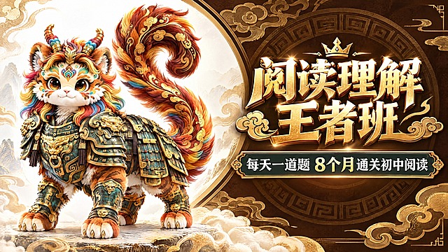 横版教育宣传图，尺寸540x292，左侧放置参考图中的铠甲神兽形象（保留其青铜色铠甲、金色纹饰、彩虹鬃毛、威武霸气的王者造型），右侧为文字内容：主标题"阅读理解王者班"，副标题"每天一道题 8个月通关初中阅读"。整体风格霸气厚重，以青铜绿和金色为主色调，背景为深褐色搭配暗金色云雷纹，文字采用金色和白色搭配，排版大气有力量感，营造王者班的专业霸气氛围，适合初中阅读理解高端课程宣传。