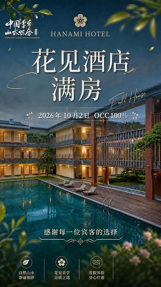 将这张海报主标题中的"喜报"二字删除，主标题改为"花见酒店 满房"，保持原字体风格、字号大小、颜色和位置不变，文字排版自然协调。其余画面元素（LOGO、副标题、背景、装饰等）全部保持不变。画面中所有数字和文字必须精确渲染，不得错位、遗漏或编造。