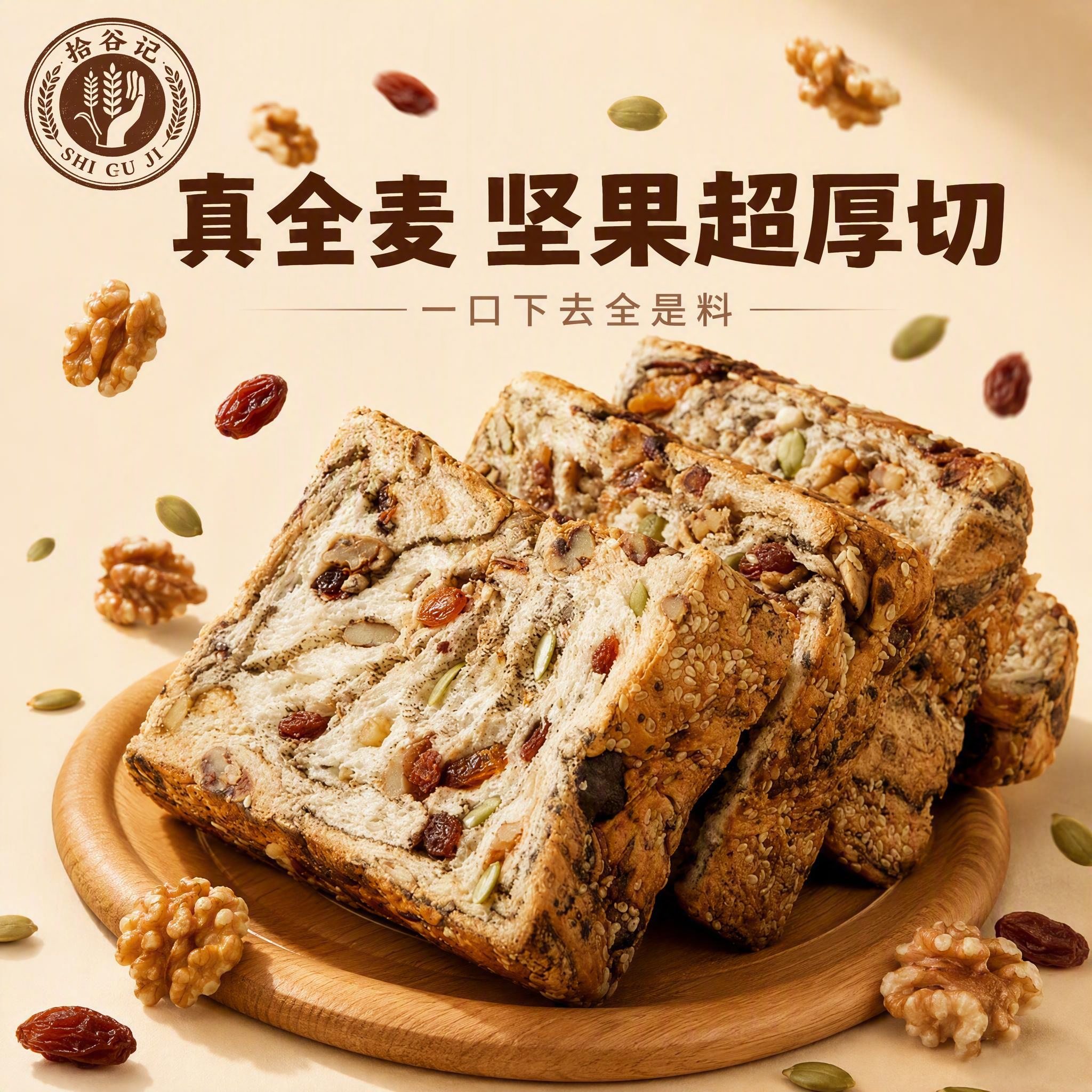 电商主图第1张 首图抢点击 全麦坚果厚切吐司。画面主体：4片全… - 图片创意预览