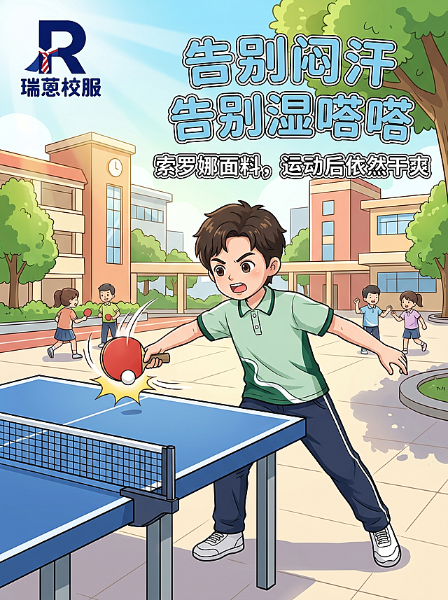 卡通风格，穿着高明区瑞蒽校服（浅绿拼深绿polo衫加深蓝色运动裤）的男孩在乒乓球桌前正手持球拍进攻，左上角加上瑞蒍校服的R品牌LOGO，配文字"告别闷汗 告别湿嗒嗒"，索罗娜面料，运动后依然干爽，文字简洁卡通，校园乒乓球场背景，整体风格活泼清新。