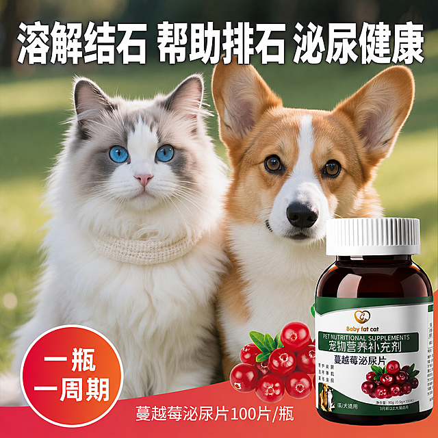 保留图片中的产品、猫狗动物、背景颜色完全不变，仅修改主卖点文案为新卖点；主标题改为“溶解结石 帮助排石 泌尿健康”，底部保留“蔓越莓泌尿片100片/瓶”，左下角圆形标签改为“一瓶一周期”，文字和版式调整为清晰醒目风格，其他元素位置和颜色保持不变，生成商业高清质感主图，超高清4K分辨率，文字清晰不变形，无水印
