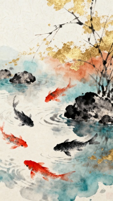 中国传统水墨风格古风背景，画面上部以淡墨与石青、赭石色渲染出朦胧水域，数尾红黑锦鲤姿态灵动游弋其中，水面点缀墨色礁石与疏朗枯枝，营造出清幽雅致的氛围。背景融入金色斑驳的晕染效果，增添层次感与古朴韵味，整体色调和谐统一，留白处呈现米白色宣纸纹理，尽显东方写意美学意境。预览效果