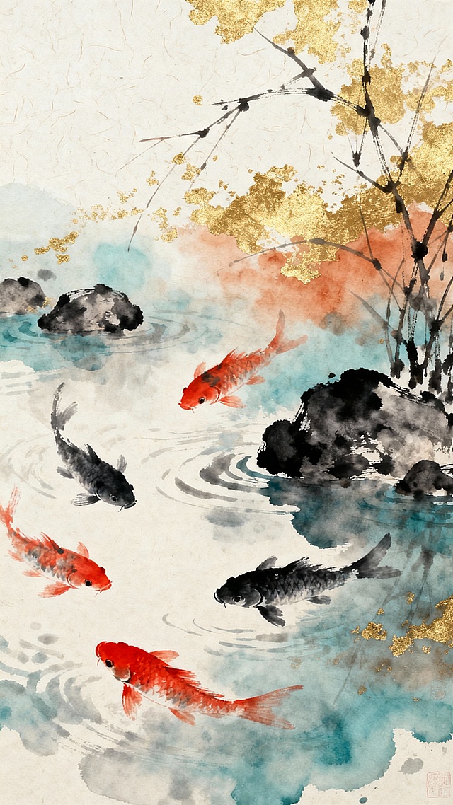 中国传统水墨风格古风背景，画面上部以淡墨与石青、赭石色渲染出朦胧水域，数尾红黑锦鲤姿态灵动游弋其中，水面点缀墨色礁石与疏朗枯枝，营造出清幽雅致的氛围。背景融入金色斑驳的晕染效果，增添层次感与古朴韵味，整体色调和谐统一，留白处呈现米白色宣纸纹理，尽显东方写意美学意境。