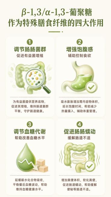 [第6屏] 多元功效展示页，讲解β-葡聚糖的四大健康益处，参考【图8】信息结构。
[氛围/风格] 简约功能展示风，清新素雅
[元素布局] 页面分成四个均等模块，两栏两行排列，每个模块配标题+小图+说明预览效果