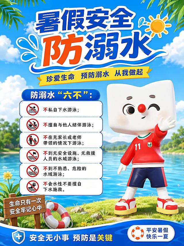 做一张有这个角色的暑假安全⚠️防溺水知识海报，比例3:4「图片1」
🌿————————————————🌿
🌊防溺水“六不”
不私自下水游泳；
不擅自与他人结伴游泳；
不在无家长或老师带领的情况下游泳；
不到无安 全设施、无救援人员的水域游泳；
不到不熟悉、危险的水域游泳；
不会水性不要擅自下水施救。