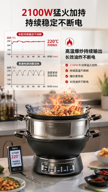 [第5屏] 核心功能实测-2100W猛火持续加热能力展示。本屏使用【图1】作为产品主体，保持产品外观结构与原图一致。
[氛围/风格] 实景测试风，厨房场景背景，真实烹饪效果展示
[元素布局] 产品放置预览效果