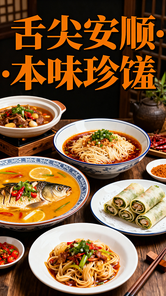 安顺新开业酒店特色美食宣传海报，设计简洁美观主题突出，画面展示本地特色菜肴和精美餐点，搭配醒目标题文字"舌尖安顺·本味珍馐"