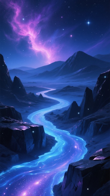 抽象艺术风格的宇宙景观，深邃的靛蓝色与神秘的紫色构成主色调，点缀着星云般的粉紫色光晕和闪烁的星辰，画面中央是蜿蜒流淌的液态霓虹蓝能量河流，如同宇宙中的星河，周围环绕着棱角分明的黑色岩石结构，岩石表面反射着微弱的星光，远处的山峦轮廓在深邃的宇宙背景中若隐若现，整体氛围静谧而神秘，仿佛置身于遥远星系的未知星球表面，光影运用柔和，强调色彩的渐变过渡和宇宙空间的空旷感，构图采用纵深式布局，引导视线向画……预览效果