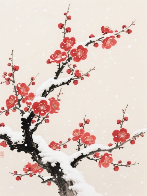 中国传统工笔画风格，雪中红梅图，干净的米白色背景，枝干苍劲有力，黑色枝干上覆盖着厚厚的白雪，枝头点缀着大量盛开的红色梅花，花瓣层次分明，花蕊清晰，部分梅花含苞待放，细小的雪花在画面中轻盈飘落，营造出清雅、高洁的氛围，整体构图疏密有致，线条细腻流畅，色彩和谐统一，以红色梅花与白色积雪形成鲜明对比，突出梅花傲雪凌霜的姿态。预览效果
