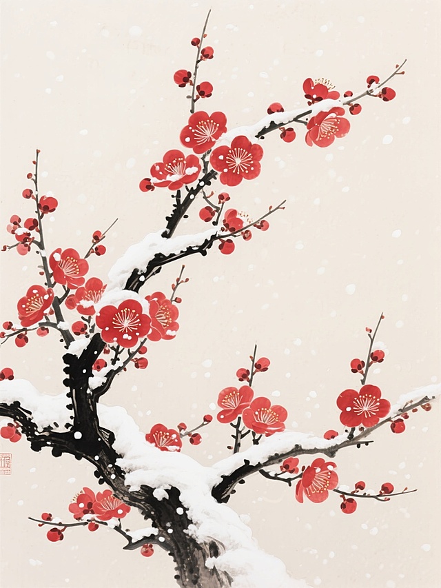 中国传统工笔画风格，雪中红梅图，干净的米白色背景，枝干苍劲有力，黑色枝干上覆盖着厚厚的白雪，枝头点缀着大量盛开的红色梅花，花瓣层次分明，花蕊清晰，部分梅花含苞待放，细小的雪花在画面中轻盈飘落，营造出清雅、高洁的氛围，整体构图疏密有致，线条细腻流畅，色彩和谐统一，以红色梅花与白色积雪形成鲜明对比，突出梅花傲雪凌霜的姿态。