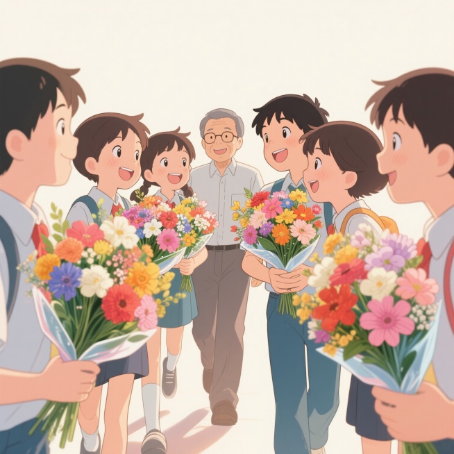 宫崎骏漫画风格，教师节温馨氛围海报，一群朝气蓬勃的学生手捧色彩斑斓的鲜花，脸上洋溢纯真笑容，朝着老师走去献花，光影柔和洒在人物和鲜花上，温暖感动，极具感染力预览效果