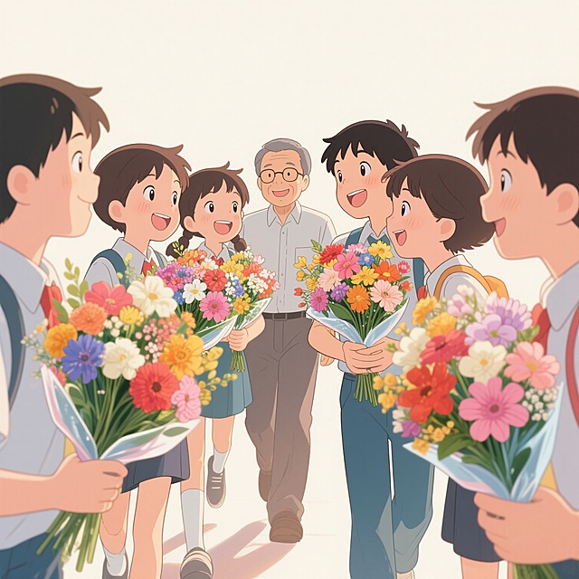清新插画风，卡通学生手捧鲜花迎接老师，节日氛围温馨愉快。