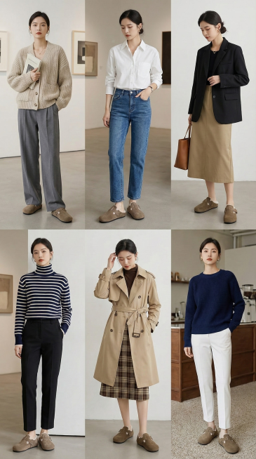 穿搭指南拼图： 女模特穿着提供的图片产品  6张拼图，展示鞋子与不同“知识分子风”单品的搭配（阔腿裤、直筒牛仔裤、中长裙、西装裤等）。保持色调统一高级。突出知识分子穿搭预览效果