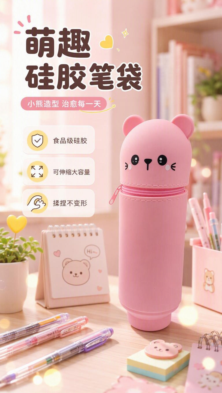 [商品] 使用【图1】粉色小熊造型硅胶笔袋；保留圆柱形结构、顶… - 图片创意预览