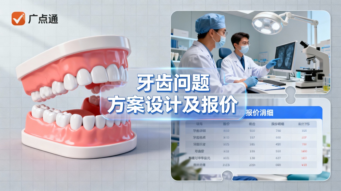 文案：牙齿问题 方案设计及报价  画面是关于牙齿矫正的图片 海报可以随意设计，主要是用于广点通的投放，排版可以是左右排版、上下排版、拼图排版、排版可以创意多一些生成4张，比例：16:9预览效果