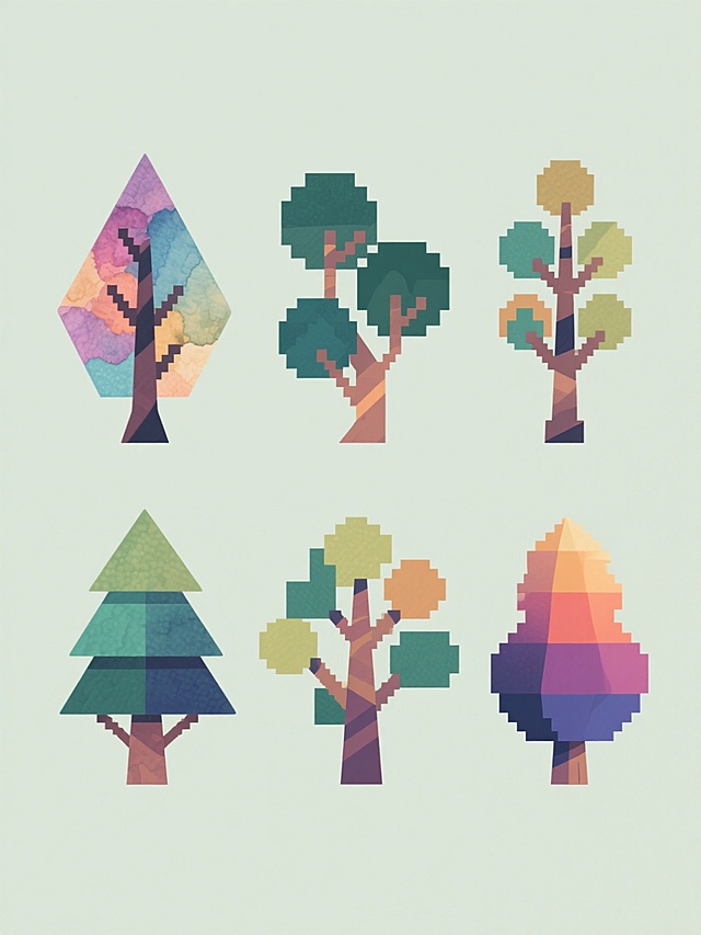 一组由六棵不同造型树木组成的系列素材集合，每棵树保持基本树木结构但具有完全不同的独特造型，分别呈现为几何抽象风格、水彩晕染风格、像素艺术风格、剪纸拼贴风格、扁平插画风格和立体3D渐变风格，每棵树拥有各自鲜明且完全不同的整体色彩，所有树木均以规整的横向队列排布在纯净的纯色背景上，整体构图简洁有序，视觉上形成统一又各具特色的系列感。
