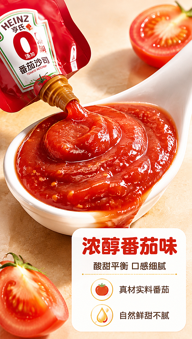 [商品] 使用【图1】亨氏0添加番茄沙司红色挤挤袋装；保留包装颜色与Logo；本页产品部分露出于左上角，主体展示沙司质地。
[画面] 目标：口感质地特写页，突出浓醇番茄味与酸甜平衡。质地微距型构图，白瓷勺中盛放浓稠番茄沙司占画面中心60%，沙司表面光泽自然，可见细腻番茄籽与果肉质感；勺边流淌少量沙司形成动态感；左上角小部分露出产品挤挤袋嘴正在挤酱的瞬间；背景为浅米色哑光台面，散落1-2片新鲜番茄。
[视觉] 套系策略：风格=家常烟火气商业美食摄影；标题字=粗黑体圆润字形；正文字=简洁无衬线体；主色=番茄红；背景延展=基于番茄红做深浅层级、同色渐变与暖木/白瓷质感；强调色=暖金黄，仅用于小面积图标、引线和标签；标题色=深番茄红；正文色=暖棕灰；组件=圆角白底信息卡、细线引线、番茄icon；光影=左前侧暖柔光，突出酱体光泽与浓稠感。
[文字] 右下信息卡：主标题「浓醇番茄味」，副标题「酸甜平衡 口感细腻」，2个短卖点：①真材实料番茄 ②自然鲜甜不齁；文字全部横排，不遮挡酱体主视觉。
[规格] 单屏比例9:16竖版，分辨率4K，负向提示：避免酱体颜色失真、质地虚假、文字过小、冷光、二维码、条形码。