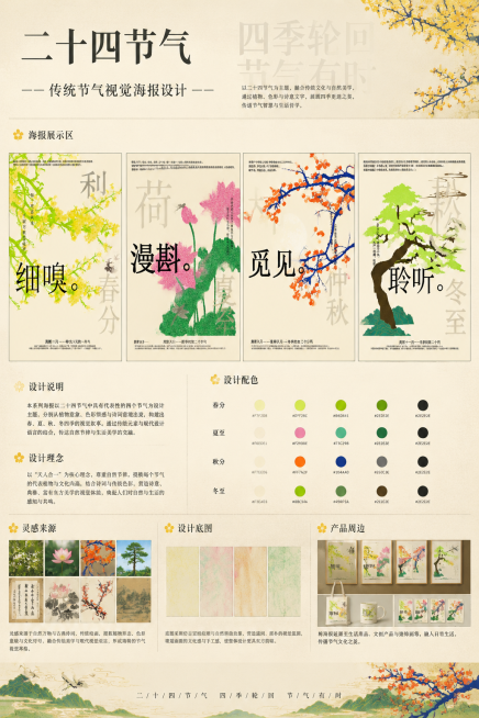 将四张二十四节气海报整合为一张A3尺寸的展板，布局内容包含海报展示区、设计说明区、设计理念区、设计配色区、灵感来源区、设计底图区和产品周边区，整体排版协调美观，保留四张海报的完整内容预览效果