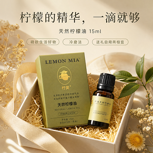 电商主图，1:1正方形，简约高级艺术风格，产品规格送礼场景篇。画面中棕色玻璃柠檬精油瓶和橄榄绿色产品包装盒摆放在精致的礼盒场景中，旁边点缀着干花、丝带和新鲜柠檬叶，优雅不张扬。暖黄色和米白色调为主，光线柔和温暖，营造礼物感但不过度华丽，简约高级。主标题"柠檬的精华，一滴就够"位于画面上方，优雅字体。副标题"天然柠檬油 15ml"。三个标签："精致生活好物"、"冷磨法"、"送礼自用两相宜"以简约形式呈现。整体传递精致但不刻意的生活美学，艺术感强，氛围温暖治愈，高端克制。