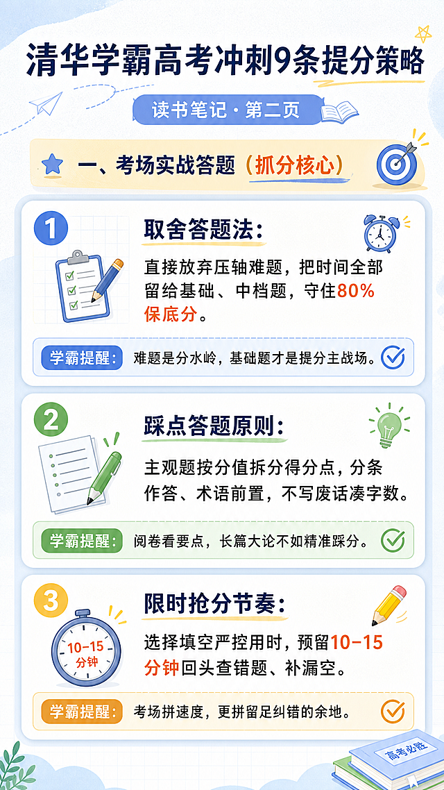 清华学霸高考冲刺9条提分策略读书笔记第二页，排版和第一页统一，符合高中生审美，清晰易读，内容：一、考场实战答题（抓分核心） 1. 取舍答题法：直接放弃压轴难题，把时间全部留给基础、中档题，守住80%保底分。学霸提醒：难题是分水岭，基础题才是提分主战场。 2. 踩点答题原则：主观题按分值拆分得分点，分条作答、术语前置，不写废话凑字数。学霸提醒：阅卷看要点，长篇大论不如精准踩分。 3. 限时抢分节奏：选择填空严控用时，预留10–15分钟回头查错题、补漏空。学霸提醒：考场拼速度，更拼留足纠错的余地。背景清新简约，文字清晰排版整齐，和第一页风格统一