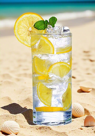 海滩实景，柠檬冰爽饮品，清新自然，夏日清爽感十足。